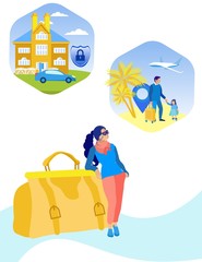 Reliable Insured Property. Insurance Policy. Vector Illustration. Reliable Protection. Life and Health Insurance on Vacation. Insured Property. People on Vacation. Property Securely Protected.