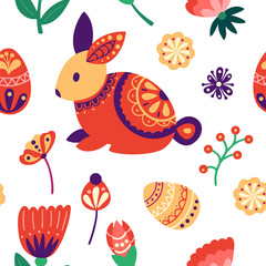 Easter seamless pattern. Holiday background with rabbit, eggs, flowers and leaves. Vector illustration