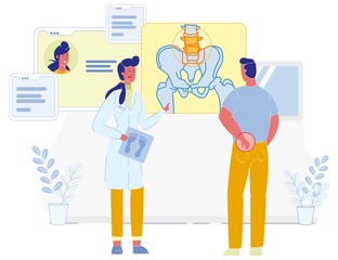 Doctor and Patient Suffering from Lower Back Pain. Backbone X-Ray Image with Low Spine Region Problem Area. Kidney Disease. Research in Medical Practice. Vector Flat Cartoon Illustration
