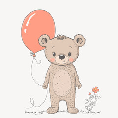 Cute cartoon little bear boy with balloon