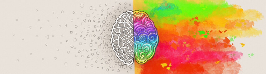 The Difference in the Work of the Right and Left Hemispheres of the Brain. Analytical Thinking Versus Abstract. Ultrawide Illustration. - obrazy, fototapety, plakaty
