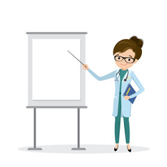 Happy female doctor presenting,place for text,