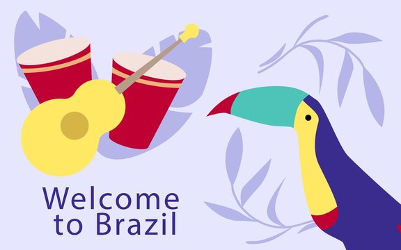 Red Drums and Yellow Guitar. Parrot on Purple Background. Welcome to Brazil. Brazilian Carnival. National Holiday of Brazil. Vector Illustration. Advertising Image with Text. Joy and Fun.