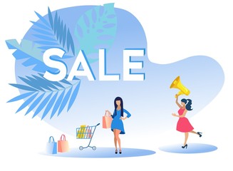 Seasonal Discount Flat Cartoon Vector Illustration. People Characters with Shopping Bags. Girl Holding Megaphone. Cart with Bought Things. Sale with Tropical Palm Trees. Avertisement for Shop, Store.