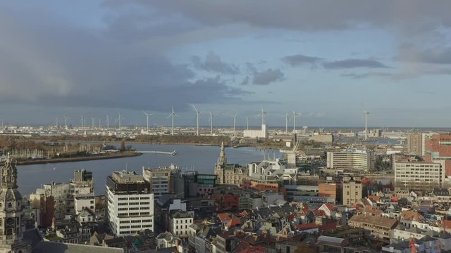 Antwerp Belgium Aerial v29 Flying over downtown with Schipperskwartier, Scheldt River and Linkeroever views - November 2019