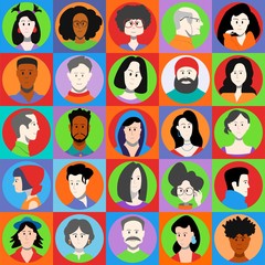 Set of multi-colored icons of different people, men and women. Flat vector portraits.