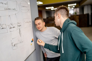 Fototapeta premium Creative people meeting at office and use post it notes to share idea. Teamwork process. Brainstorming concept