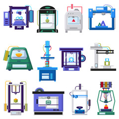 3d printers and layout rapid prototyping vector illustration. Process of 3d printing, modeling and scanning objects. Print in laboratory, plastic technologies engineering of future medicine concept.
