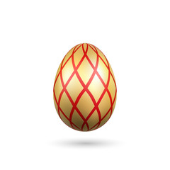 Easter egg 3D icon. Red gold egg, isolated white background. Bright realistic design, decoration for Happy Easter celebration. Holiday element. Shiny pattern. Spring symbol. Vector illustration