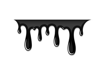 Drip paint 3D. Ink stain. Drop melt liquid isolated on white background. Splash of chocolate, oil, blood. Black graffiti. Splatter syrup, candy sauce, caramel. Vector illustration