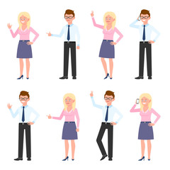 Smiling, friendly office man and woman vector illustration. Waving hand, talking on phone, showing victory sign, standing side view glasses boy and blonde girl cartoon character set on white