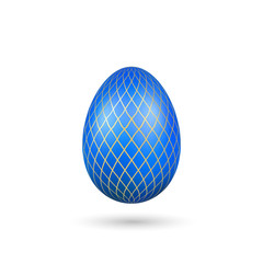 Easter egg 3D icon. Blue gold egg, isolated white background. Bright realistic design, decoration for Happy Easter celebration. Holiday element. Shiny pattern. Spring symbol. Vector illustration