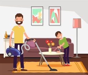 Father and Son Cleaning House Flat Cartoon Vector Illustration. Parent and Child Vacuuming Carpet and Wiping Dust from Furniture in Apartment. Son Polishes Table. Living Room Interior.