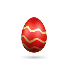 Easter egg 3D icon. Red gold egg, isolated white background. Bright realistic design, decoration for Happy Easter celebration. Holiday element. Shiny pattern. Spring symbol. Vector illustration