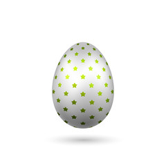 Easter egg 3D icon. Silver color egg, isolated white background. Bright realistic design, decoration for Happy Easter celebration. Holiday element. Shiny pattern. Spring symbol. Vector illustration