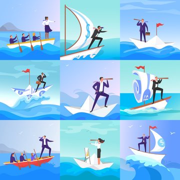 Businessman people on paper boats vector illustration. Businessman and businesswoman on paper boat risk, searching and lead the team to result. Teamwork, leadership concept flat style. Boss and team.