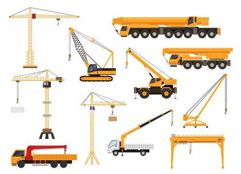 Set of construction cranes in flat style. Trucks with cranes, crawler tractors and cars with cranes vector illustration. Construction transport vehicles isolated on white background.