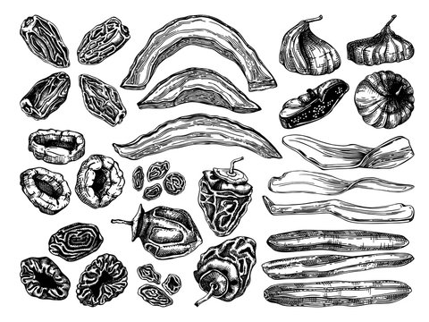 Hand drawn dried fruits sketches set. Vintage dehydrated fruits in engraved style. Delicious healthy dessert - dried mango, melon, fig, apricot, banana, persimmon, dates, prune, raisin. 