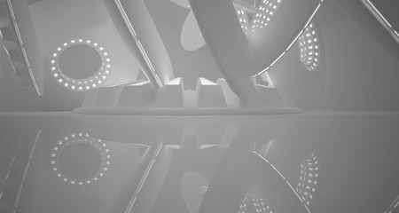 Abstract architectural background, white interior with discs.Neon lighting. 3D illustration and rendering.