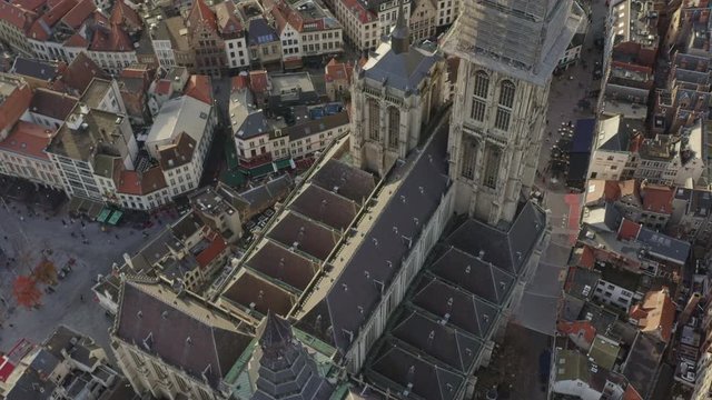 Antwerp Belgium Aerial v32 Birdseye view flying around Cathedral of Our Lady Antwerp downtown - November 2019