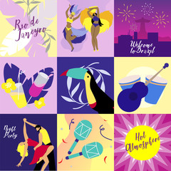 Set Rio De Janeiro, Welcome to Brazil, Night Party, Hot Atmosphere. Advertising Poster Brazilian Festival. Dancing People, Tropical Cocktails, Fireworks over Historical Monument, Cartoon.