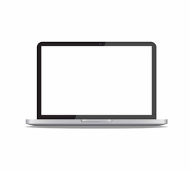 Realistic laptop in front view vector illustration isolated on white background. Computer notebook with webcam and empty screen mockup or template.