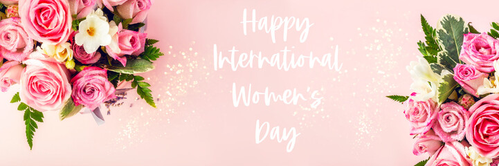 Happy International Womens Day words. Beautiful and tender bouquet of flowers in the hat box, nice present concept, banner size