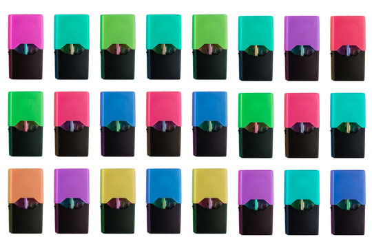 Colorful And Flavoured Multiply Colored And Flavoured Juul Pods Isolated On White Background. E Cigarette, Smoke And Nicotine Concept.