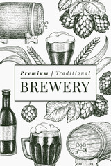 Beer glass mug and hop design template. Hand drawn vector pub beverage illustration. Engraved style. Retro brewery illustration.