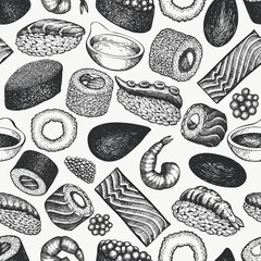 Sushi seamless pattern. Japanese cuisine hand drawn vector illustrations. Asian food background.