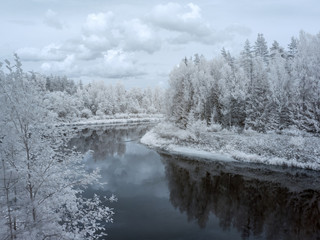 infrared photo: landscape with river, and amazing beautiful trees and glare