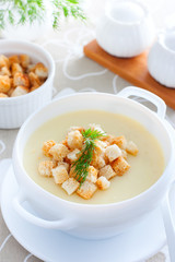 Mashed potato soup with croutons of white bread, selective focus