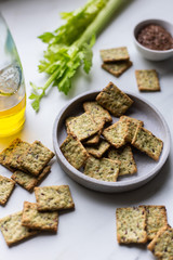 Healthy Snack from Wholegrain Rye Crispbread Crackers with spinach and flaxseed and olive oil