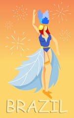 Woman in Crown in Suit with Feathers Belt on Orange Background. Fireworks and Carnival. Brazilian Carnival. Traditional Brazilian Costume. Country Cult. Vector Illustration. Exclusive Clothes.