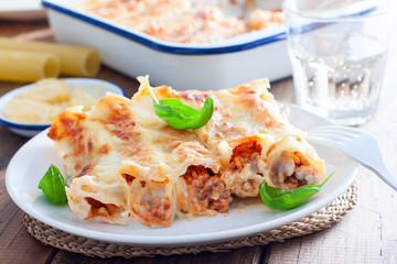 Baked cannelloni with minced meat with bechamel sauce, selective focus
