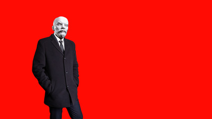 Fototapeta na wymiar Modern art collage. Concept Lenin Statue monument on a red background.