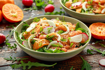Smoked salmon and fennel salad wild rocket, radishes and sweet clementines