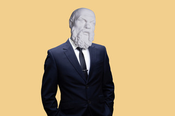 Modern art collage. Concept portrait a  businessman. Gypsum head of of Socrates. Man in suit. - obrazy, fototapety, plakaty