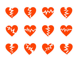 Red cracked hearts flat icons set. Wrecked heart symbols isolated on white. Unhappy love, divorce or mental pain concept. Various shapes with cracks. Scalable vector illustration in EPS8.