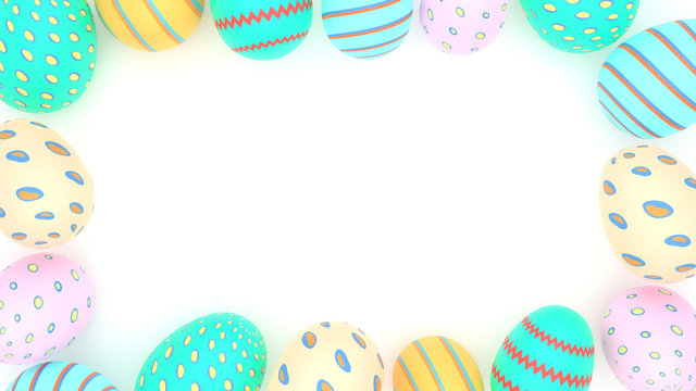 3D Rendering of Easter eggs position as picture frame around white isolated background