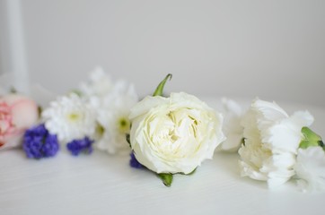 Obraz na płótnie Canvas Beautiful Flowers on a white Table, Background