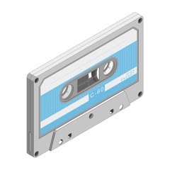 Tape cassette, vector isometric illustration. Grey retro tape cassette with blue label.