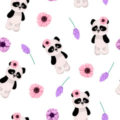 Cute childish seamless pattern. Gentle pandas and pink flowers around. Children's textiles, clothing and items for babies. Template invitation for a birthday or baby shower party. 
