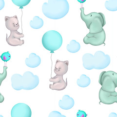 Joli modèle sans couture enfantin. Joli chaton avec ballon, éléphant, oiseau cian et nuages bleus autour. Textiles pour enfants, vêtements et articles pour bébés.