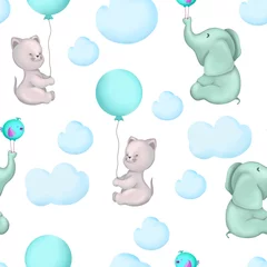 Tragetasche Nettes kindisches nahtloses Muster. Nettes Kätzchen mit Ballon, Elefant, Cian-Vogel und blauen Wolken herum. Kindertextilien, Bekleidung und Artikel für Babys. © Vera