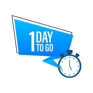One day to go label, red flat with alarm clock, promotion icon. Vector stock illustration.