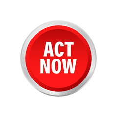 Red round act now button on white background. Vector stock illustration.