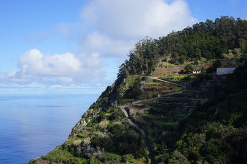 Berghang mit Stra&szlig;e und Feldern auf Madeira (Porto Moniz)