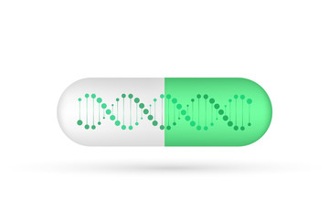 Close green capsule pill with dna molecule structure on white background. Vector stock illustration.