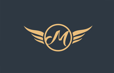 M yellow blue alphabet letter logo with wing wings icon and circle for business design and company